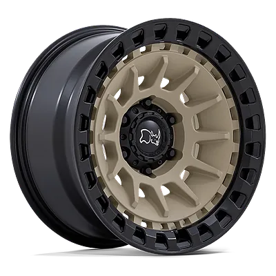 Black Rhino Barrage wheel in desert sand / matte black, three-quarter view