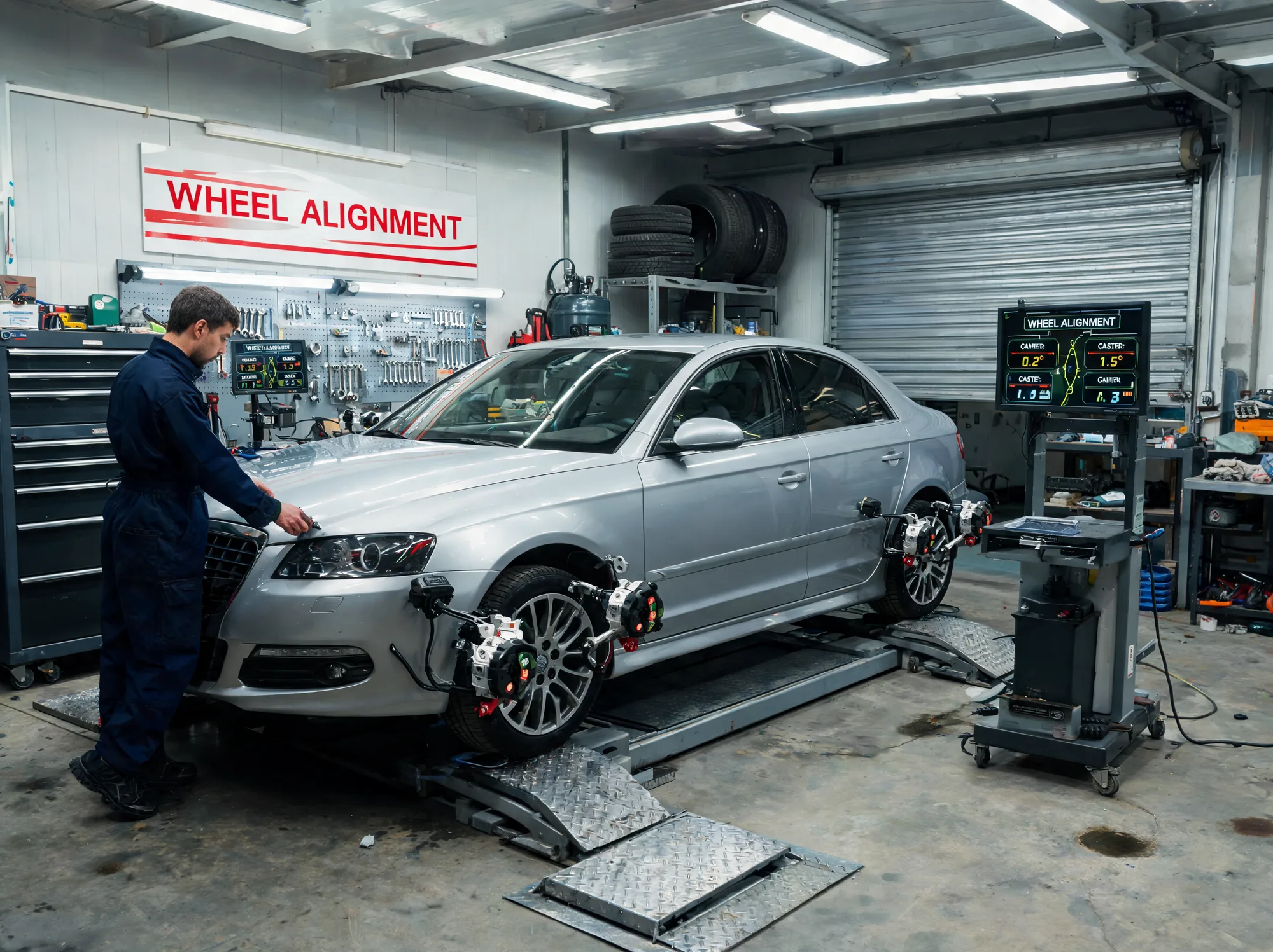 Laser wheel alignment rack with targets on the wheels