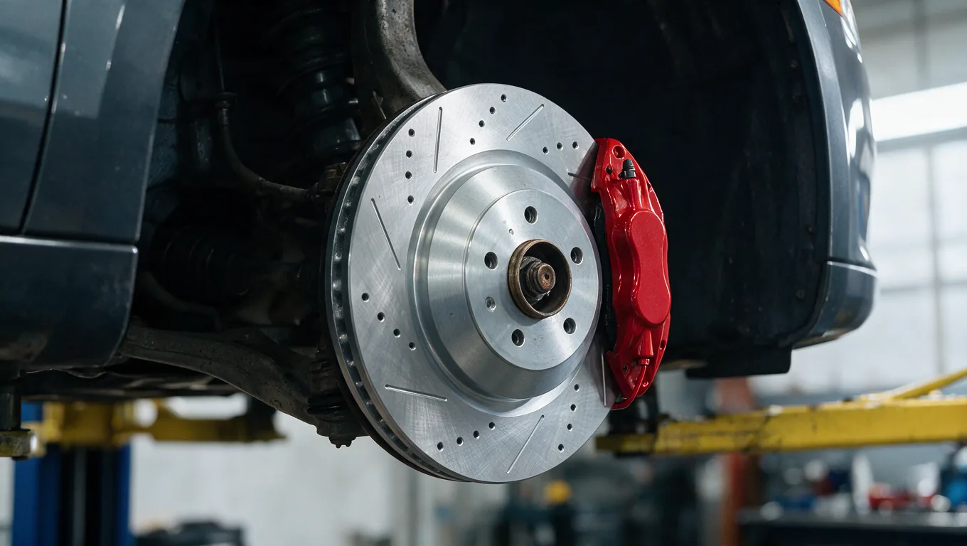 Drilled and slotted brake rotor with a new caliper being fitted