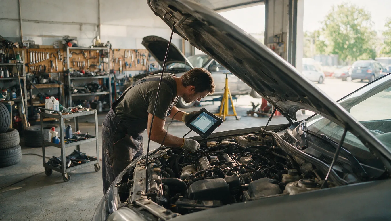 Diagnostic tablet connected to a vehicle's OBD port