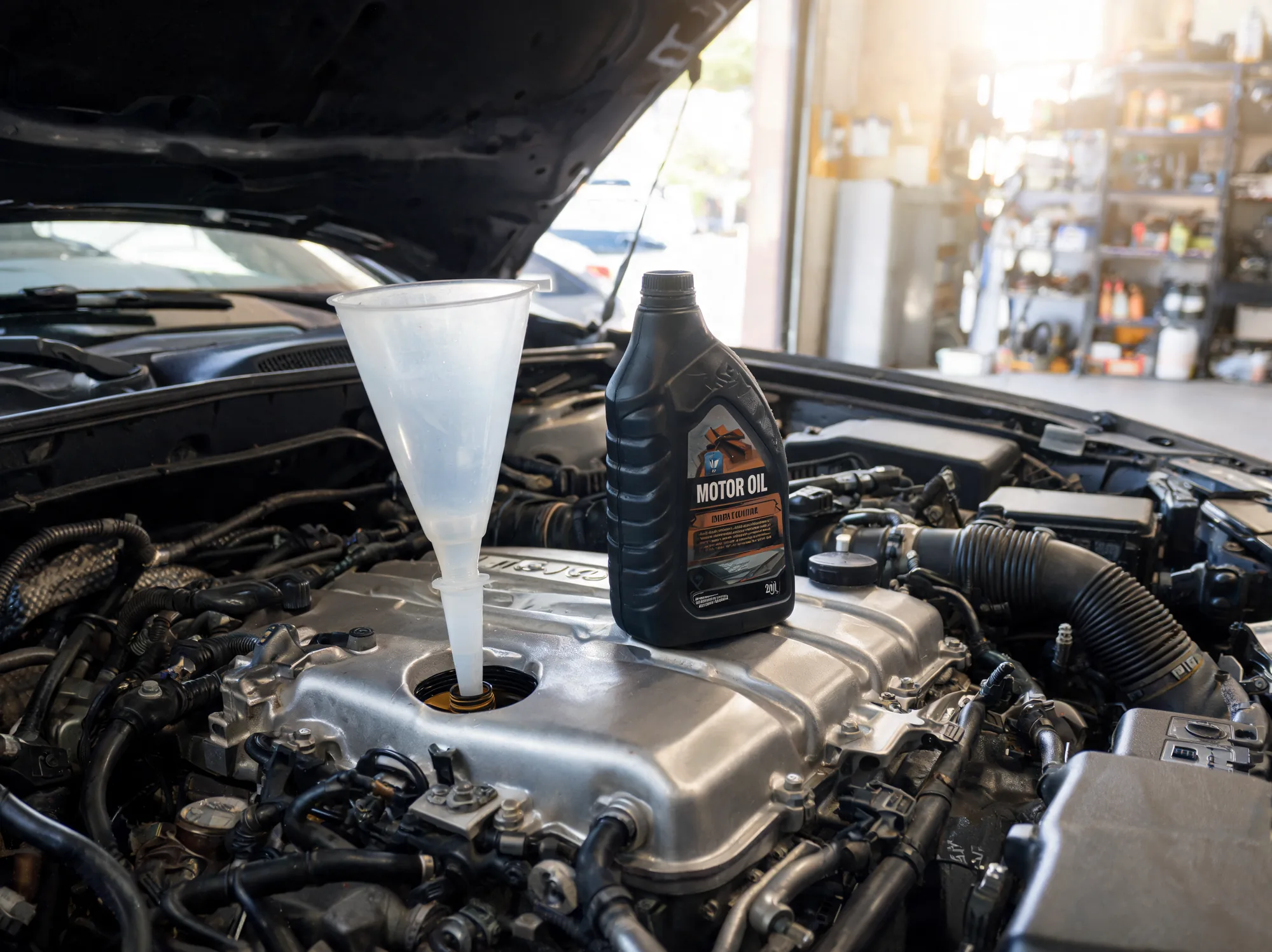 Fresh oil being poured into an engine during a service